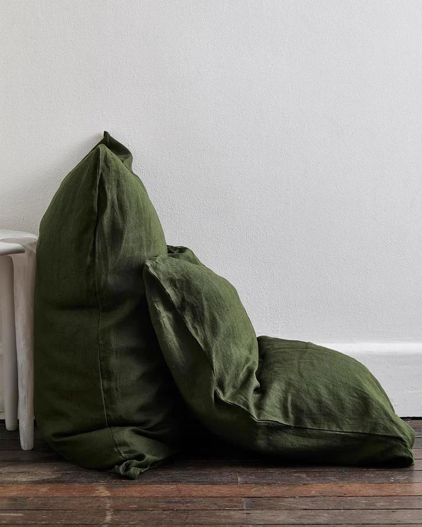 Olive & Oatmeal & White Stripe 100% French Flax Linen Bedding Bundle