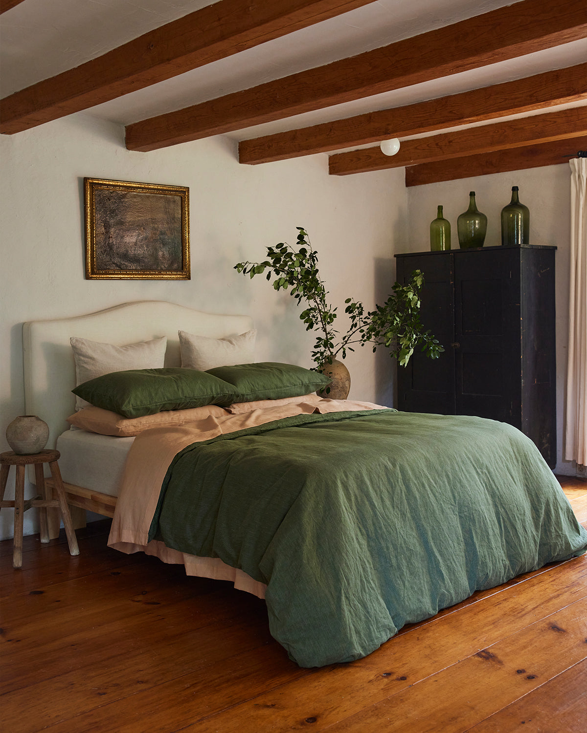 Olive Stripe 100% French Flax Linen Duvet Cover Set